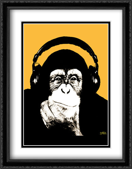 Headphones Monkey 28x40 Black Ornate Wood Framed Art Print Poster with Double Matting by Steez