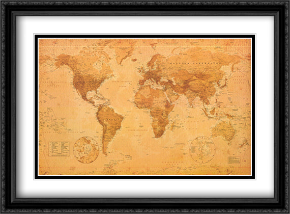 Map of the World (anitque style, miller projection) 40x28 Black Ornate Wood Framed Art Print Poster with Double Matting