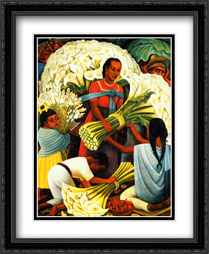 Flower Vendor 28x34 Black Ornate Wood Framed Art Print Poster with Double Matting by Rivera, Diego