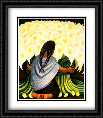 Flower Seller 28x32 Black Ornate Wood Framed Art Print Poster with Double Matting by Rivera, Diego