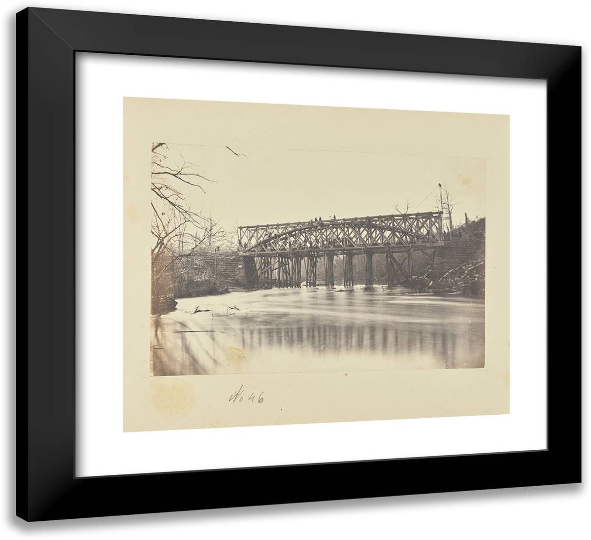 Building Military Railroad Truss Bridge Across Bull Run, Apr 22x20 Black Modern Wood Framed Art Print Poster by Russell, A.J.