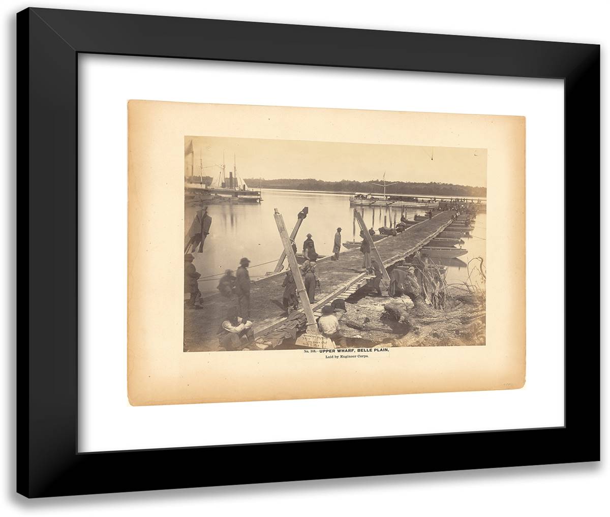 No. 189. Upper Wharf, Belle Plain. Laid by Engineer Corps. 24x20 Black Modern Wood Framed Art Print Poster by Russell, A.J.