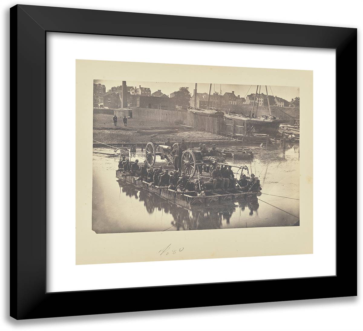 Raft of Blanket Boats Ferrying Field Artillery and Men Over 22x20 Black Modern Wood Framed Art Print Poster by Russell, A.J.