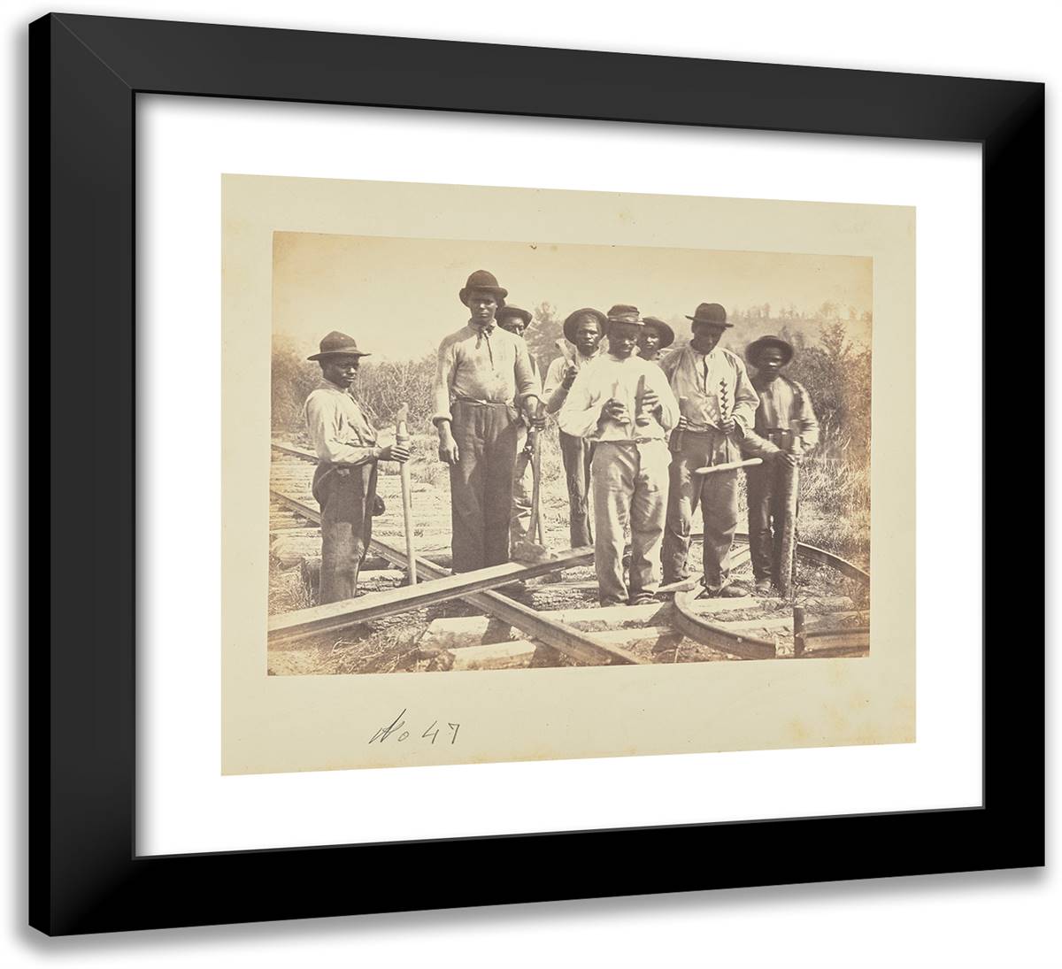 Workers Standing on Railroad Tracks 22x20 Black Modern Wood Framed Art Print Poster by Russell, A.J.
