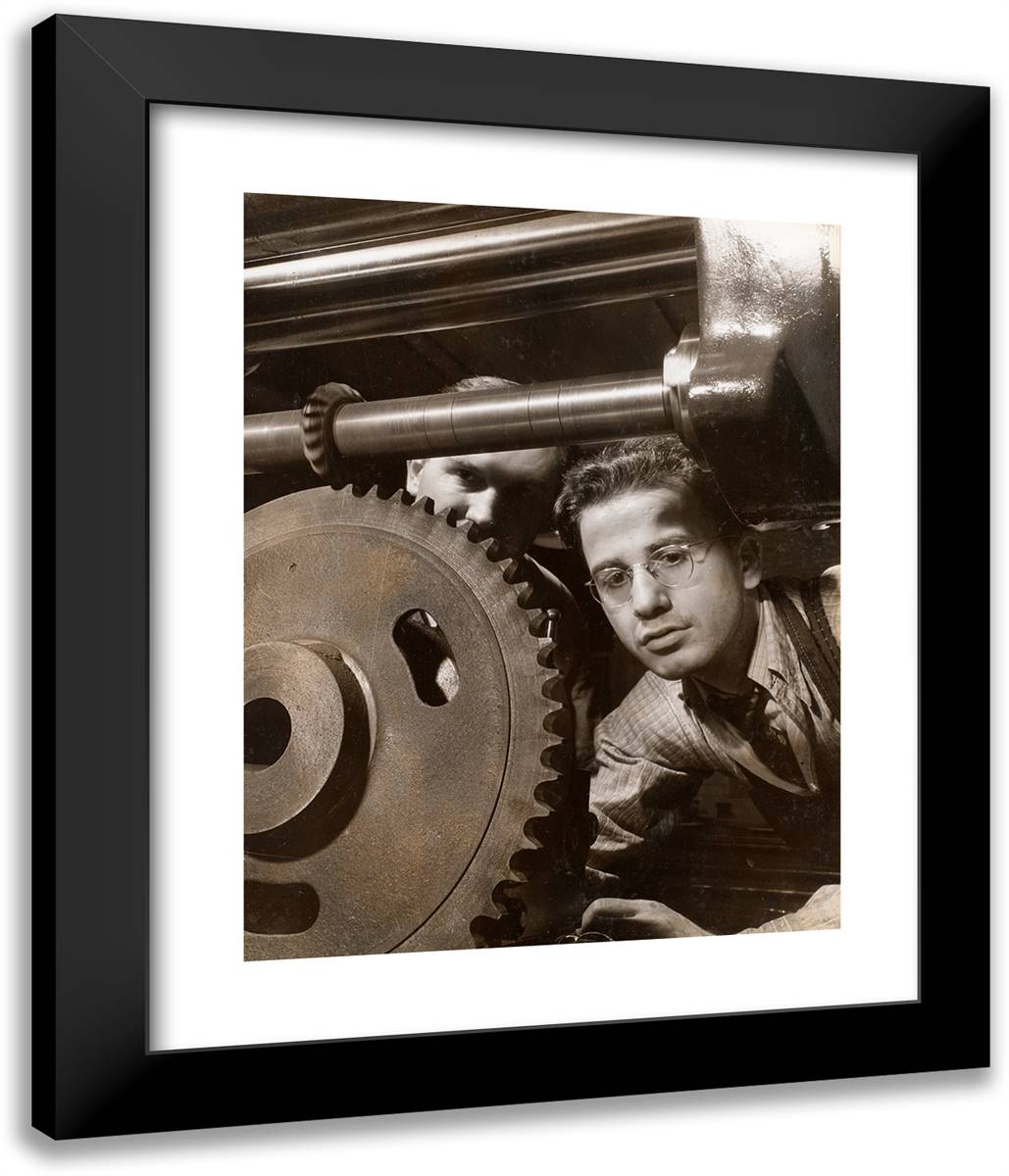 Close-Up of a Man Working with a Large Gear 20x24 Black Modern Wood Framed Art Print Poster by Eagle, Arnold