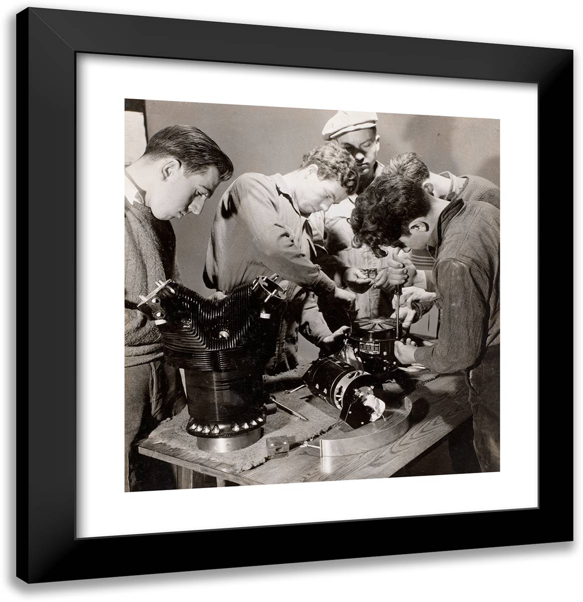 Five Young Men Work Around a Work Bench 20x21 Black Modern Wood Framed Art Print Poster by Eagle, Arnold