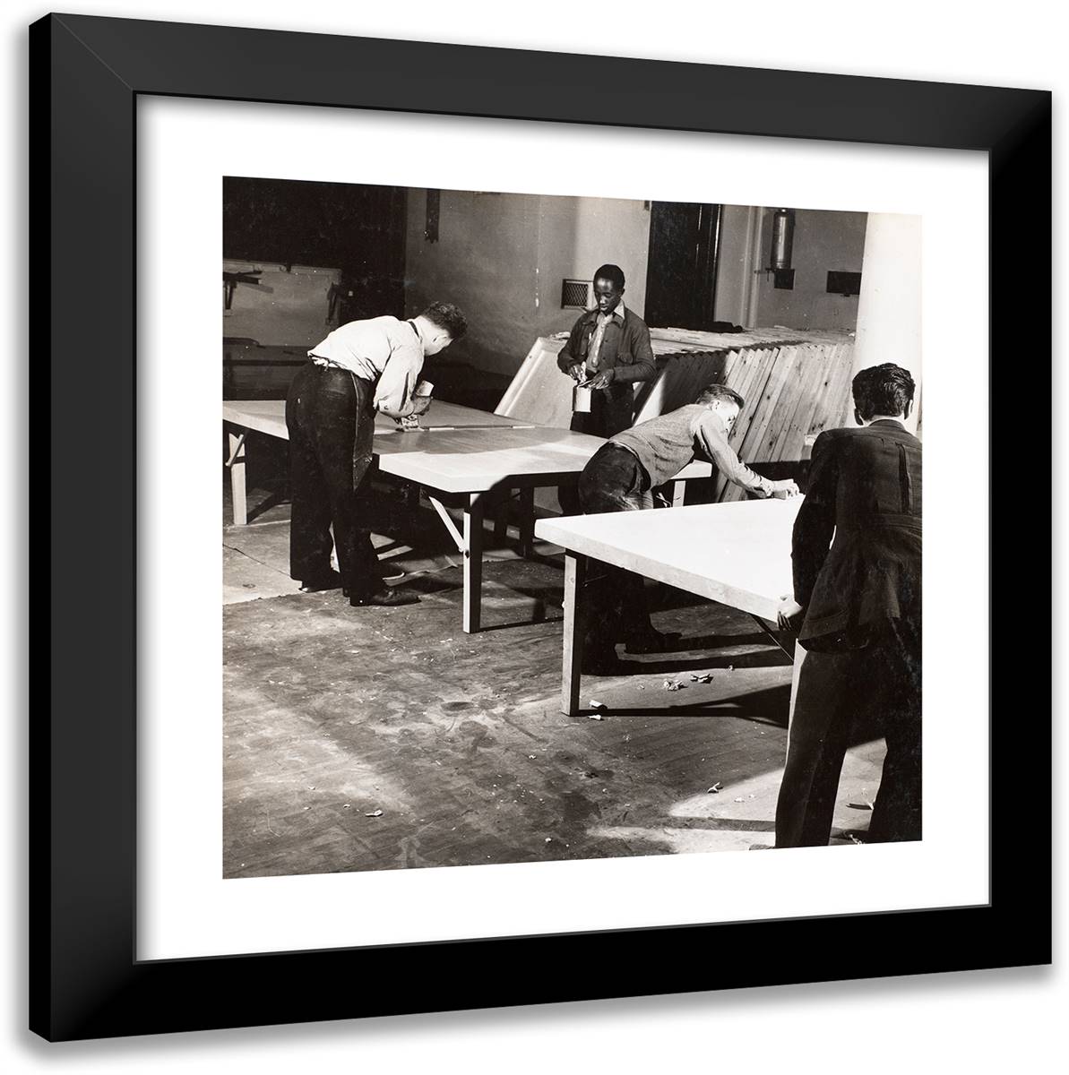 Four Men Sand and Varnish Large, Wooden Boards 20x20 Black Modern Wood Framed Art Print Poster by Eagle, Arnold