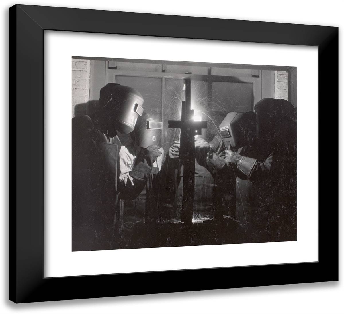 Four Men Wearing Welding Helmets Weld a Piece of Metal 22x20 Black Modern Wood Framed Art Print Poster by Eagle, Arnold