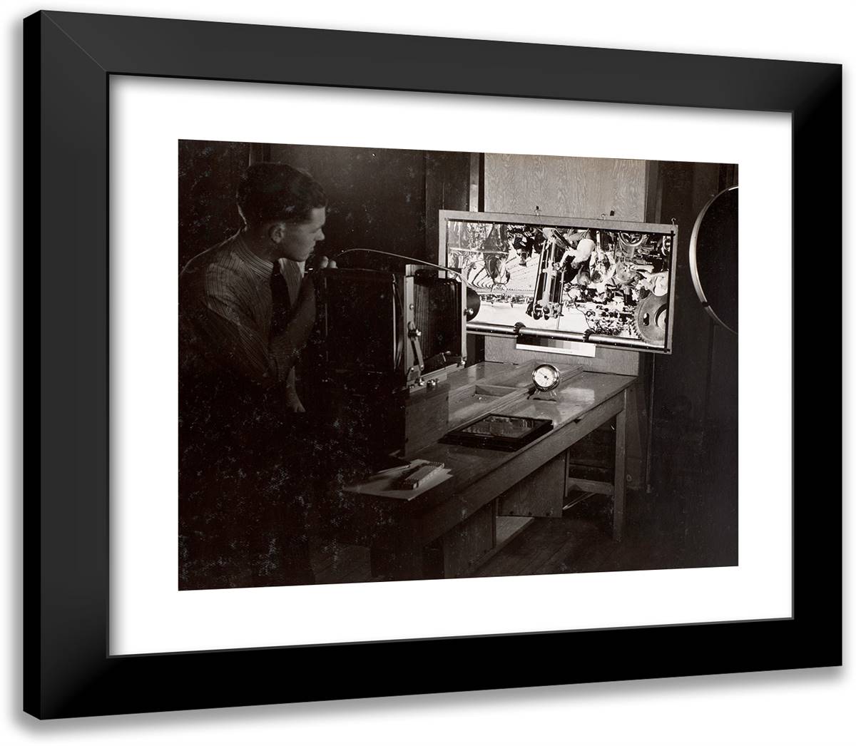 Man Adjusts a Large-Format Camera with Folding Bellows 23x20 Black Modern Wood Framed Art Print Poster by Eagle, Arnold
