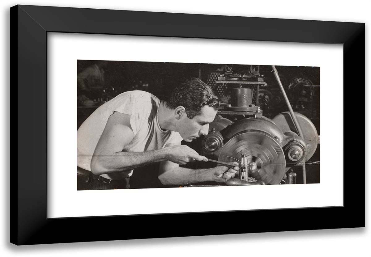 Man in a White Shirt Works with Machinery 24x17 Black Modern Wood Framed Art Print Poster by Eagle, Arnold