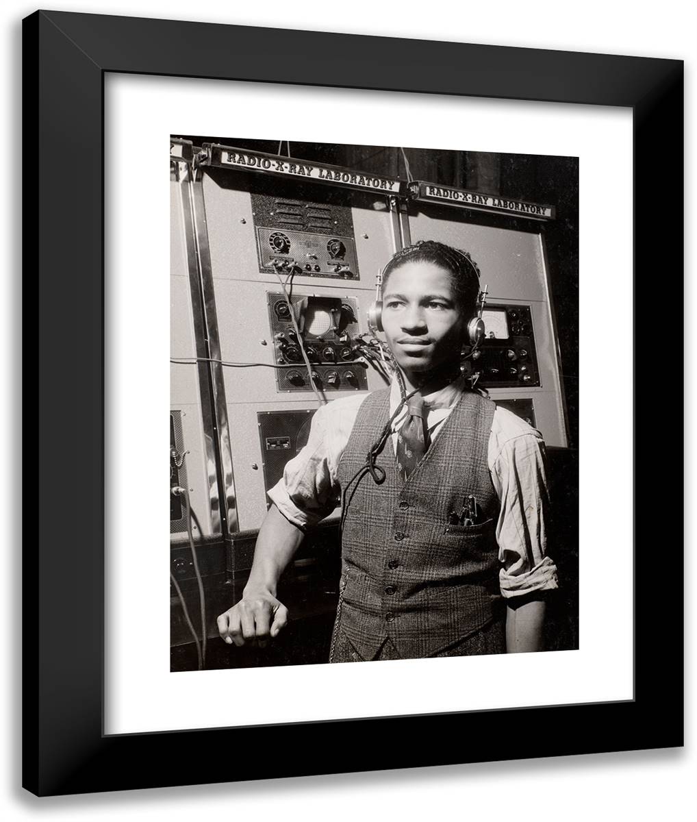 Man Wearing Headphones Stands in Front of a Large Machine 20x24 Black Modern Wood Framed Art Print Poster by Eagle, Arnold