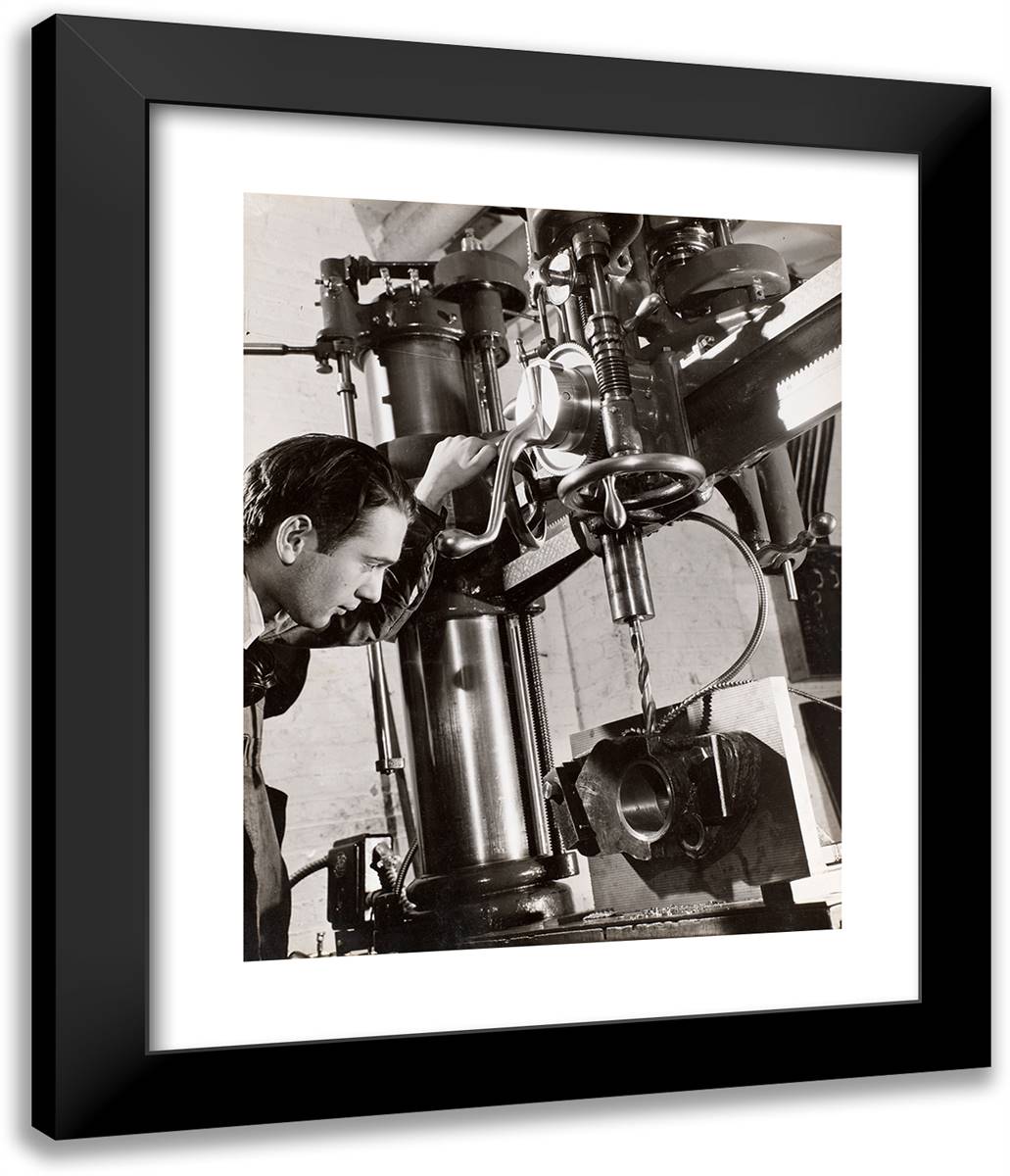 Man Works with Machinery with a Drill Bit Attached 20x24 Black Modern Wood Framed Art Print Poster by Eagle, Arnold