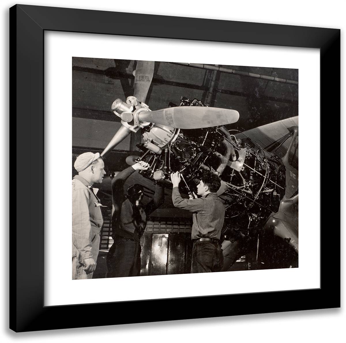 Three Men Work on an Airplane Engine 20x20 Black Modern Wood Framed Art Print Poster by Eagle, Arnold