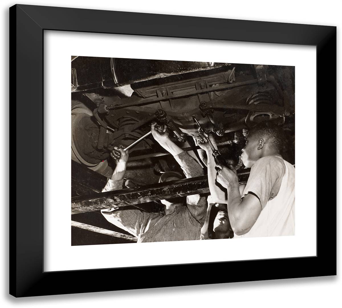 Three Men Work on the Underside of an Automobile 22x20 Black Modern Wood Framed Art Print Poster by Eagle, Arnold