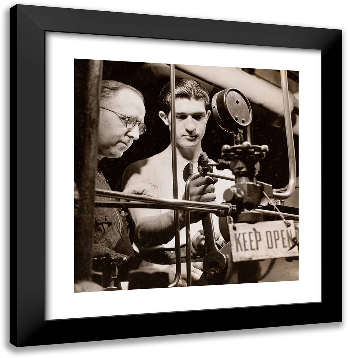 Two Men Adjust a Tank with a Large Wrench 20x20 Black Modern Wood Framed Art Print Poster by Eagle, Arnold