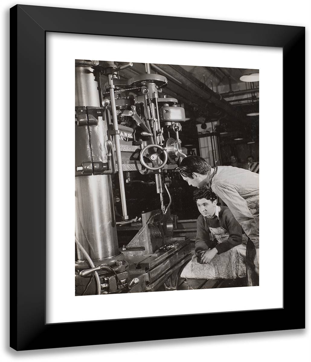 Two Men Sit Near a Large Piece of Machinery with a Drill Bi 20x24 Black Modern Wood Framed Art Print Poster by Eagle, Arnold