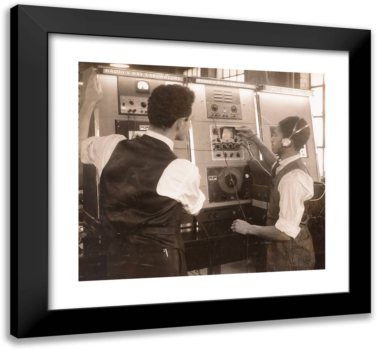 Two Men Wearing Vests Work with Large Machines 22x20 Black Modern Wood Framed Art Print Poster by Eagle, Arnold
