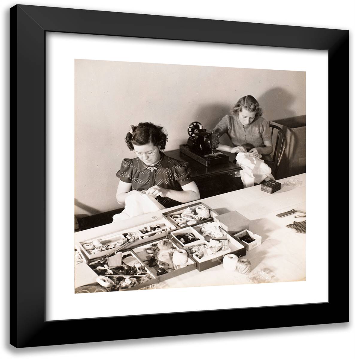 Two Women Sew Fabric by Hand 20x20 Black Modern Wood Framed Art Print Poster by Eagle, Arnold
