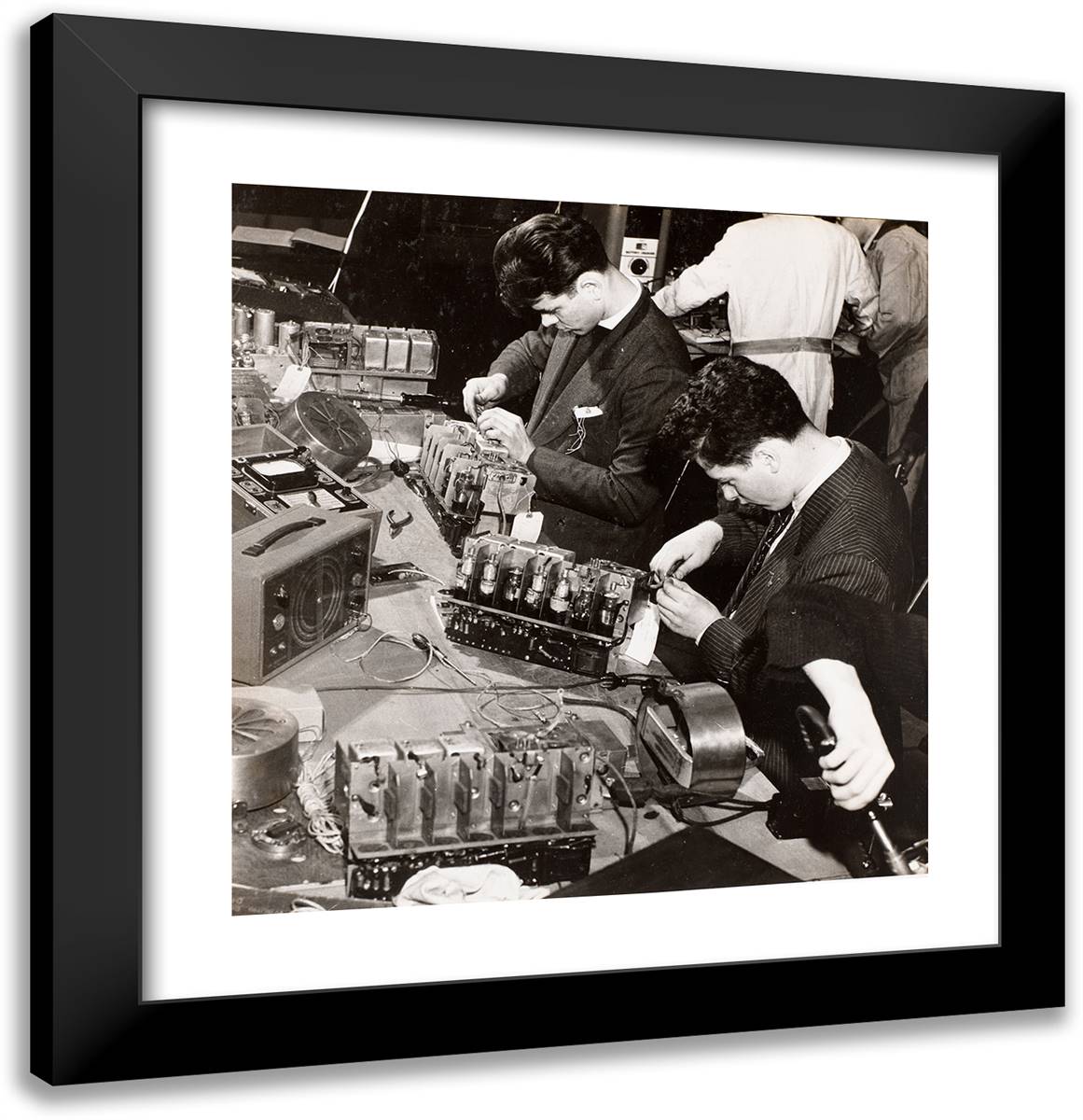 Two Young Men Wearing Blazers Work on Radios 20x21 Black Modern Wood Framed Art Print Poster by Eagle, Arnold