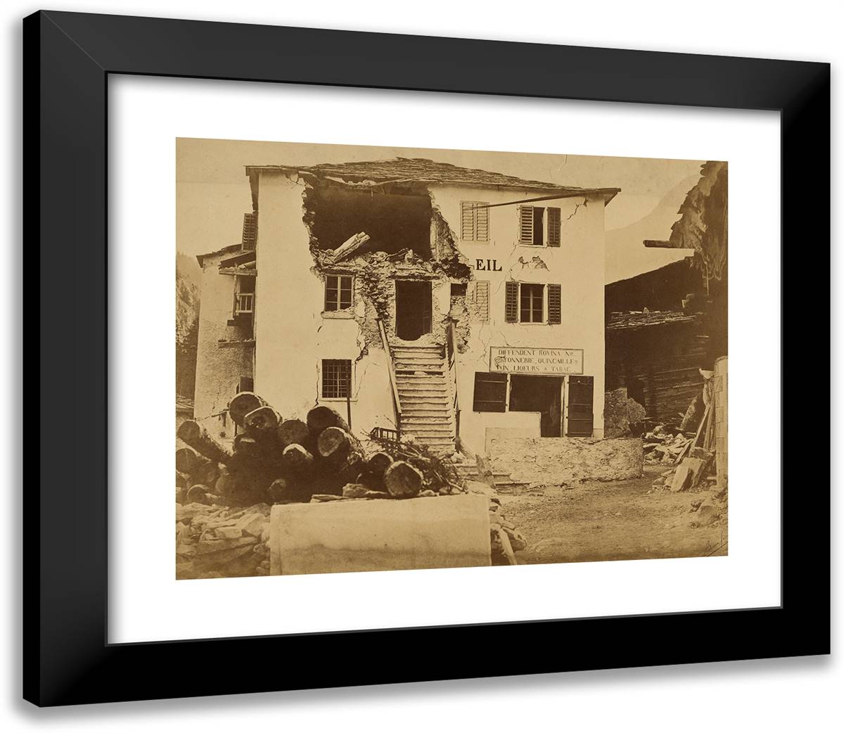 Earthquake Damaged Building 23x20 Black Modern Wood Framed Art Print Poster by Freres, Bisson