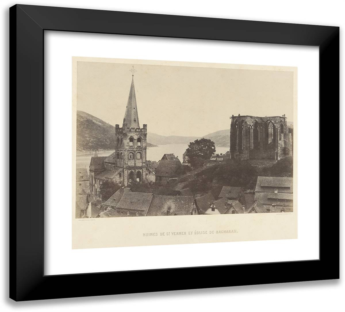 Louis Desire Blanqua-Ruines De St. Verner Et Eglise De Bacharah. 22x20 Black Modern Wood Framed Art Print Poster by Marville, Charles