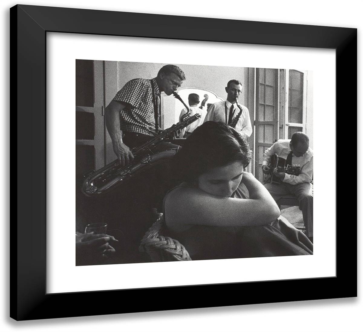 Gerry Mulligan Playing in a Hotel Room 22x20 Black Modern Wood Framed Art Print Poster by Stock, Dennis
