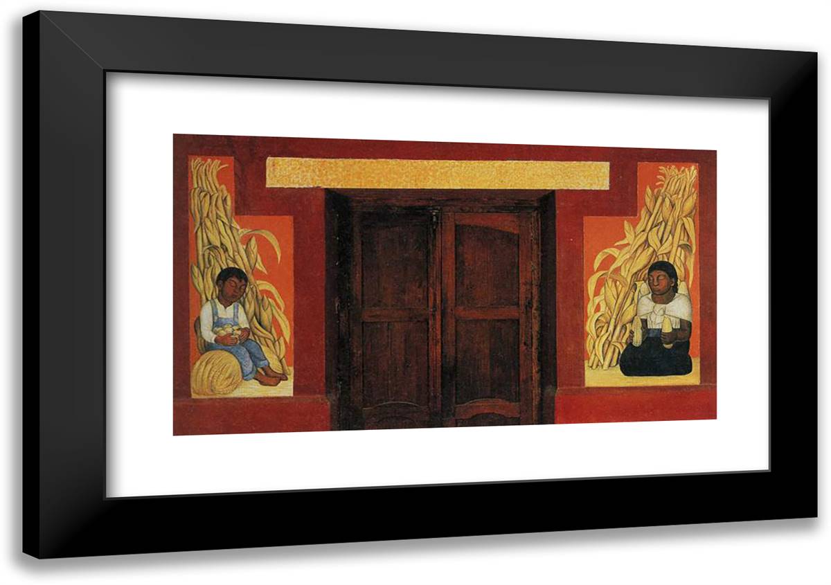 Indian Boy and Indian Woman with Corn Stalks 24x17 Black Modern Wood Framed Art Print Poster by Rivera, Diego