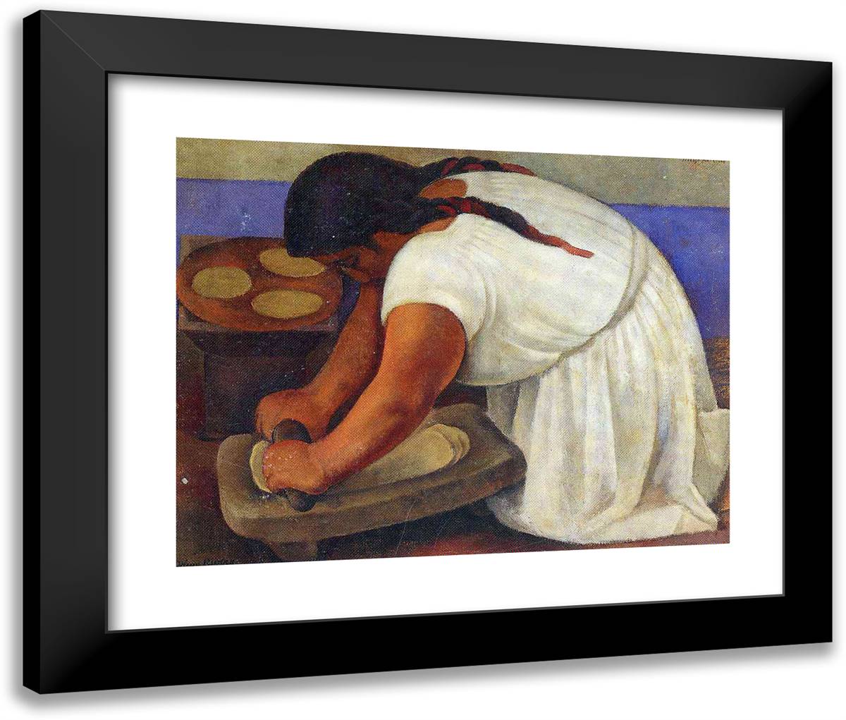 Woman Grinding Maize 24x20 Black Modern Wood Framed Art Print Poster by Rivera, Diego