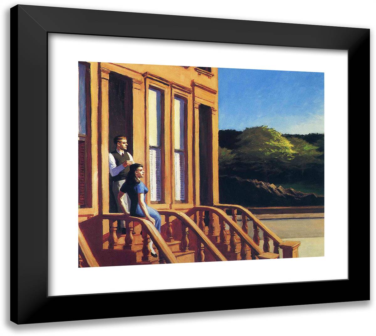 Sunlight on Brownstones 22x20 Black Modern Wood Framed Art Print Poster by Hopper, Edward