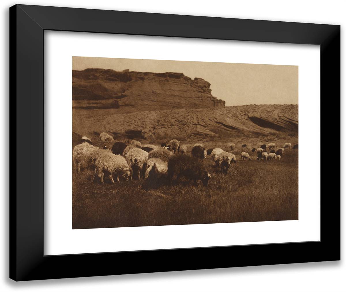 Navaho Flocks 24x20 Black Modern Wood Framed Art Print Poster by Curtis, Edward S.