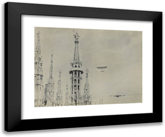 Airplane and Milan Duomo 24x20 Black Modern Wood Framed Art Print Poster by Azari, Fedele