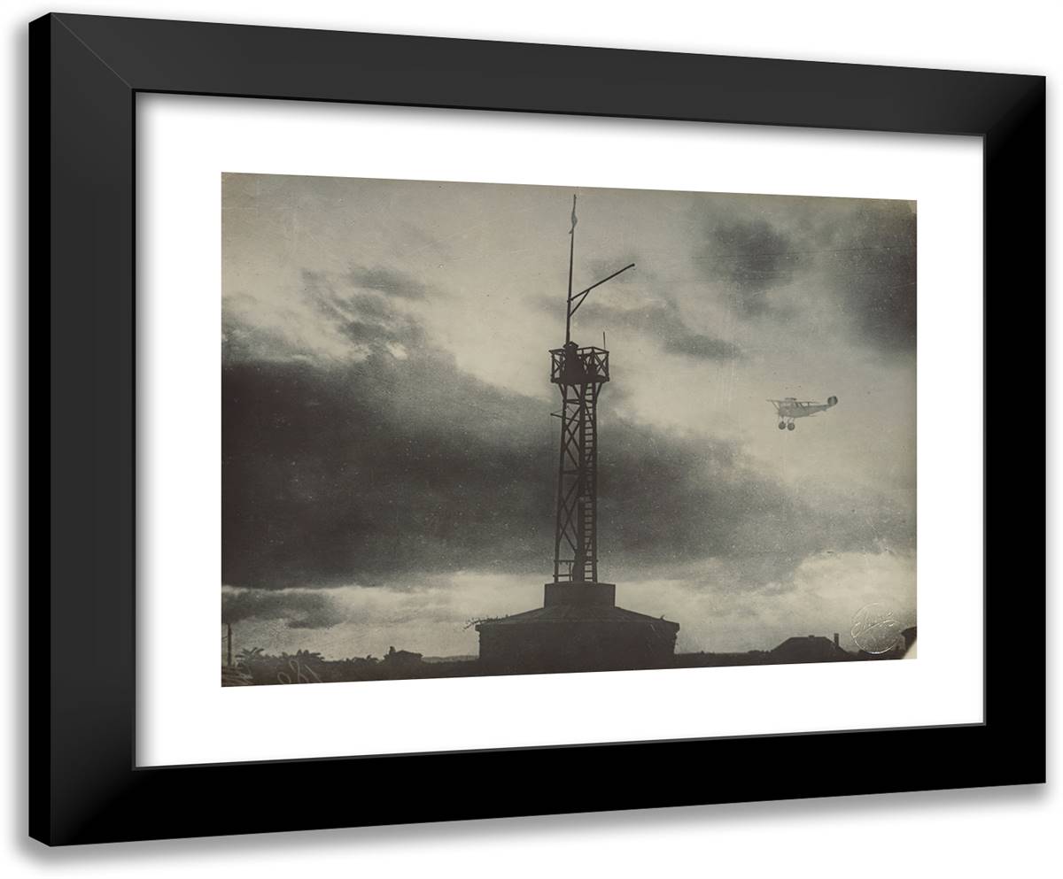 Airplane and Signal Tower 24x20 Black Modern Wood Framed Art Print Poster by Azari, Fedele