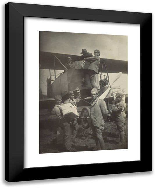 Group Congregating Around an Airplane 19x24 Black Modern Wood Framed Art Print Poster by Azari, Fedele