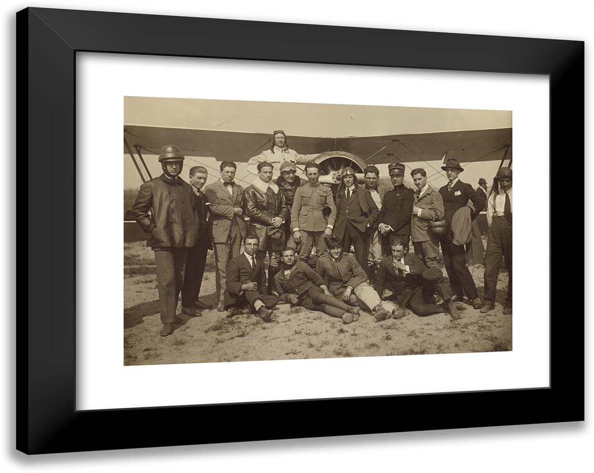 Group Posed Around the Caproni Ca. 3 Airplane 24x19 Black Modern Wood Framed Art Print Poster by Azari, Fedele