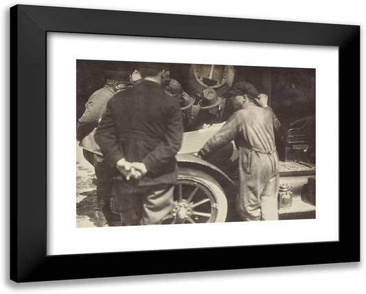 Men Grouped Around the Hood of a Car 24x19 Black Modern Wood Framed Art Print Poster by Azari, Fedele