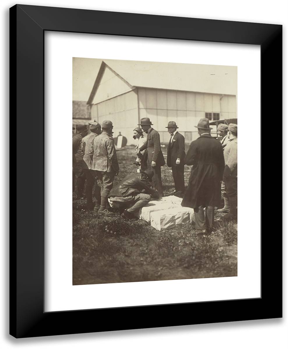Men Standing Around White Boxes on the Ground 19x24 Black Modern Wood Framed Art Print Poster by Azari, Fedele