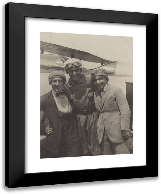 Portrait of Three Men Smiling in Front of an Airplane 19x24 Black Modern Wood Framed Art Print Poster by Azari, Fedele