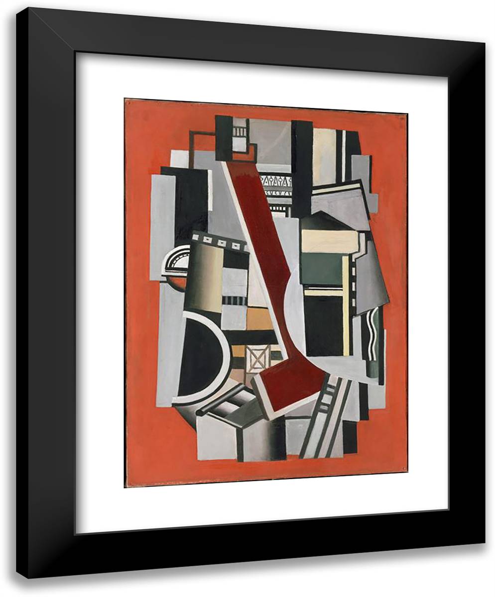 Mechanical Elements On Red Background 19x24 Black Modern Wood Framed Art Print Poster by Leger, Fernand
