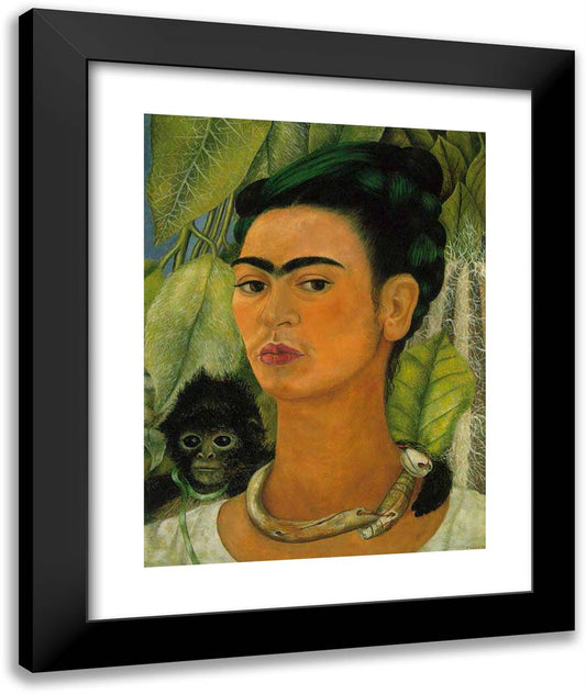 Self Portrait with a Monkey 20x24 Black Modern Wood Framed Art Print Poster by Kahlo, Frida