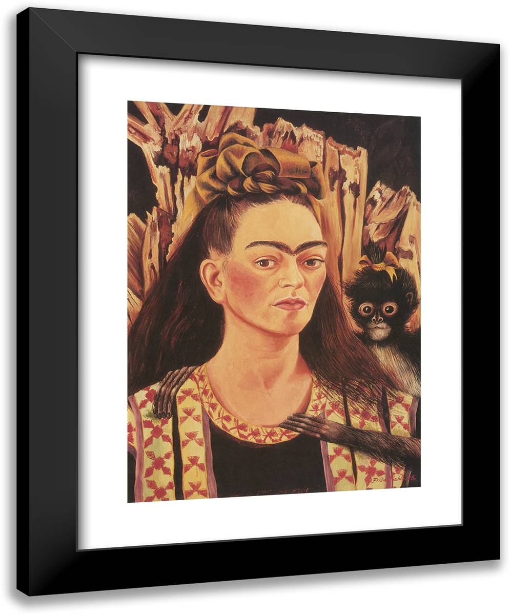 Self Portrait with a Monkey_01 19x24 Black Modern Wood Framed Art Print Poster by Kahlo, Frida