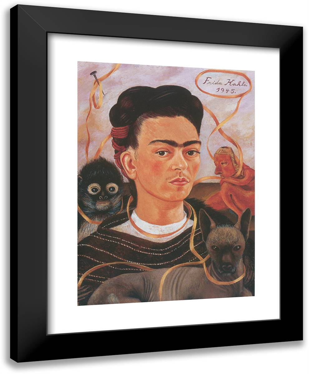 Self Portrait with Monkey 19x24 Black Modern Wood Framed Art Print Poster by Kahlo, Frida