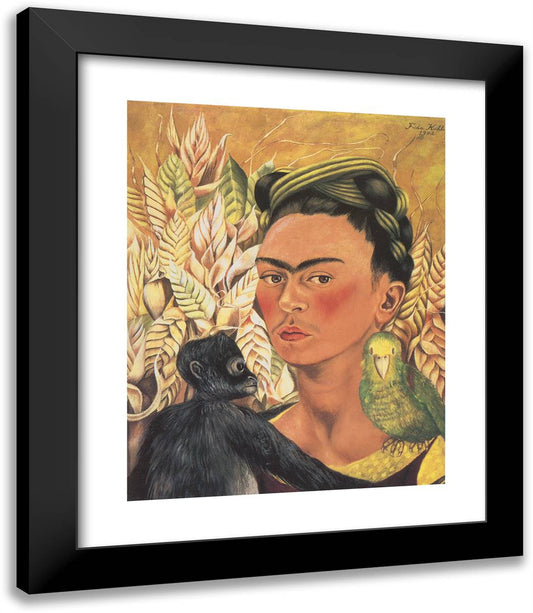 Self Portrait with Monkey and Parrot 20x23 Black Modern Wood Framed Art Print Poster by Kahlo, Frida