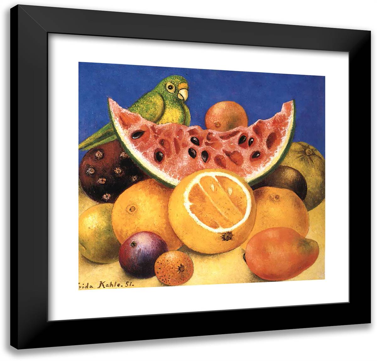 Still Life with Parrot 21x20 Black Modern Wood Framed Art Print Poster by Kahlo, Frida