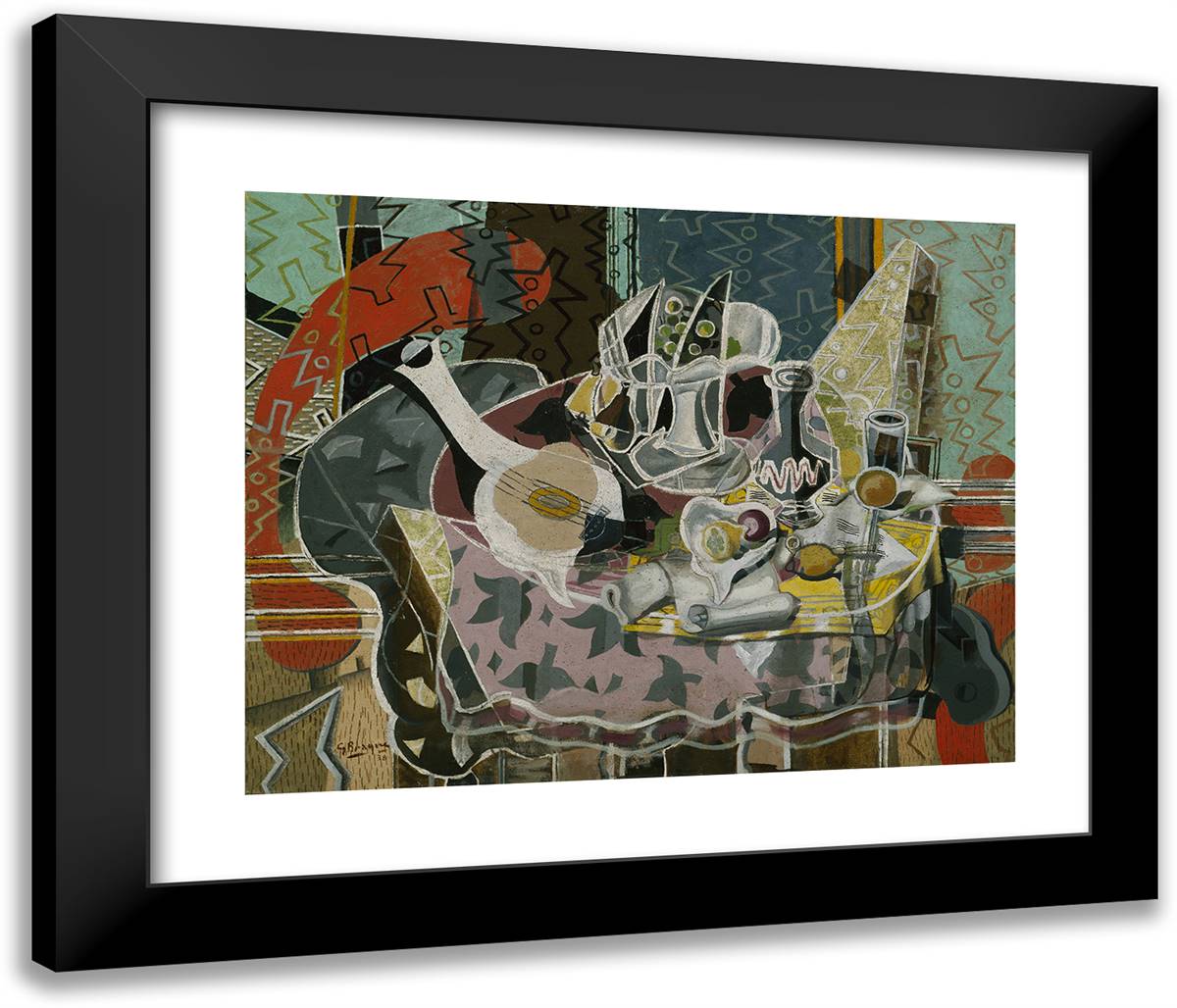 Still Life with Fruits and Stringed Instrument 24x20 Black Modern Wood Framed Art Print Poster by Braque, Georges