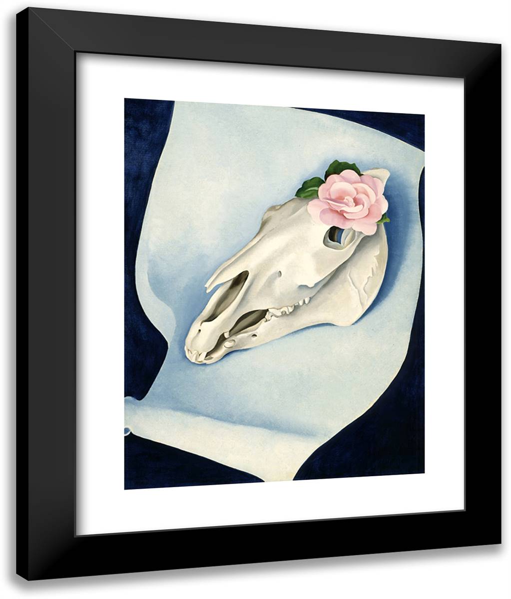 Horse's Skull with Pink Rose 20x24 Black Modern Wood Framed Art Print Poster by O'Keeffe, Georgia