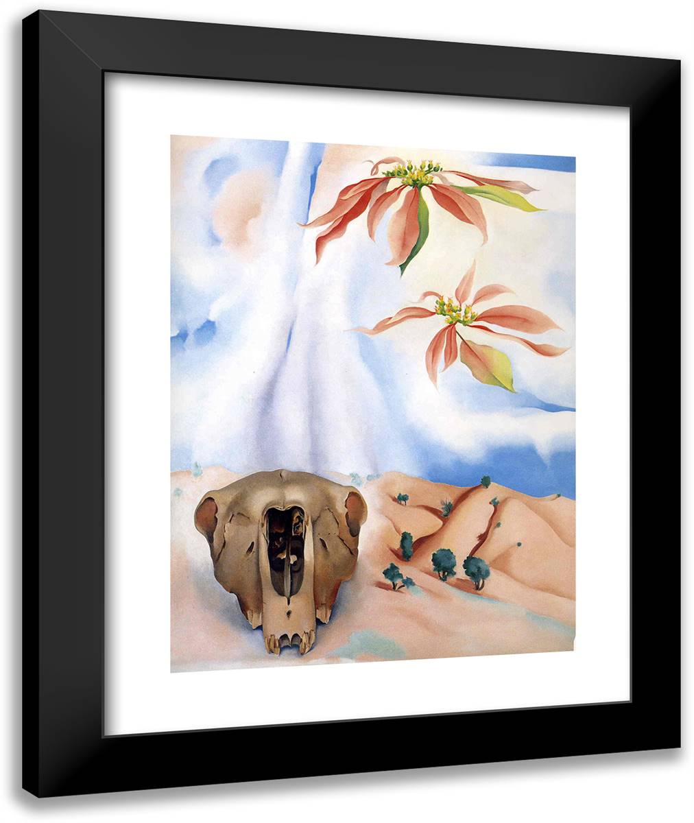 Mule`S Skull with Pink Poinsettias 20x24 Black Modern Wood Framed Art Print Poster by O'Keeffe, Georgia