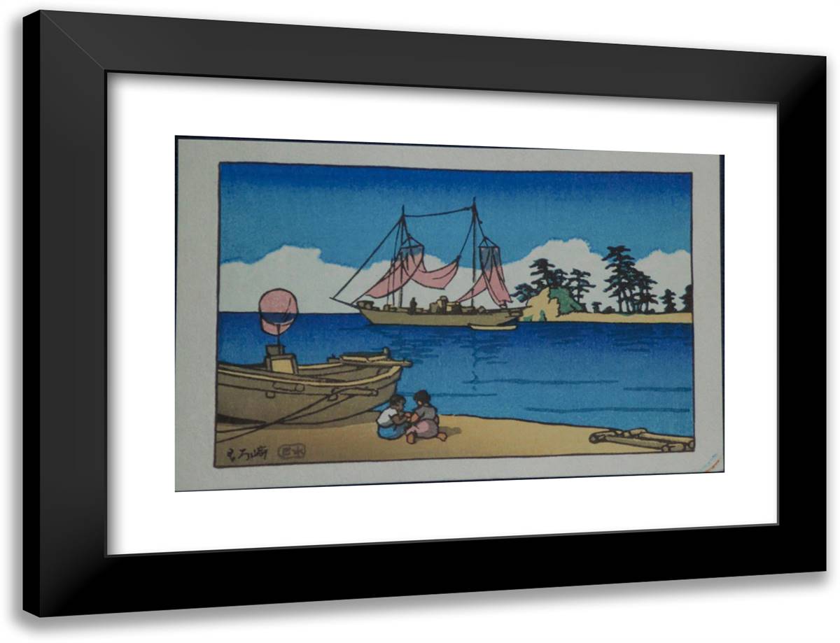 Children at the Seaside 24x18 Black Modern Wood Framed Art Print Poster by Hasui, Kawase