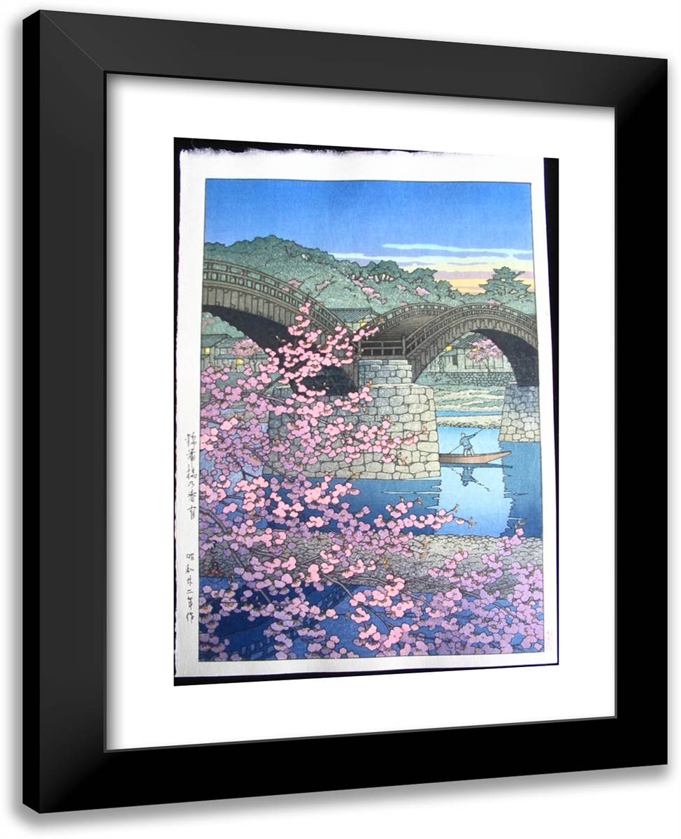 Evening at Kintai Bridge in Spring 19x24 Black Modern Wood Framed Art Print Poster by Hasui, Kawase
