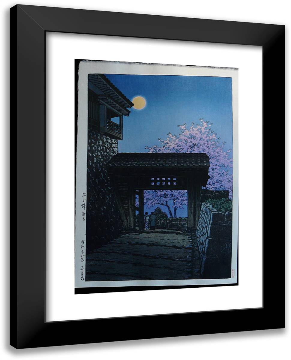 Full Moon and Cherry Blossom at Matsuyama Castle 19x24 Black Modern Wood Framed Art Print Poster by Hasui, Kawase