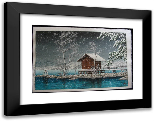 Kansau Shrine in Snow at Lake Tazawa 24x19 Black Modern Wood Framed Art Print Poster by Hasui, Kawase